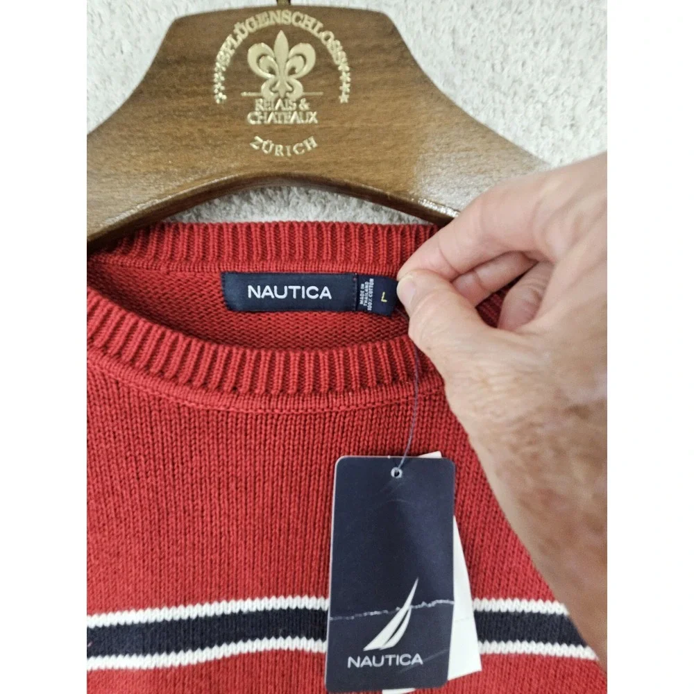 New Nautica Mens Large Red Striped Long Sleeve Sweater Pullover Crewneck